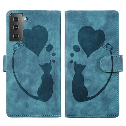 Samsung Galaxy S21 5G Heart & Cat Embossed Multi-Functional Pen Leather Wallet Phone Case with Stand and Card Slots