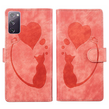 Samsung Galaxy S20 FE 5G Heart & Cat Embossed Multi-Functional Pen Leather Wallet Phone Case with Stand and Card Slots