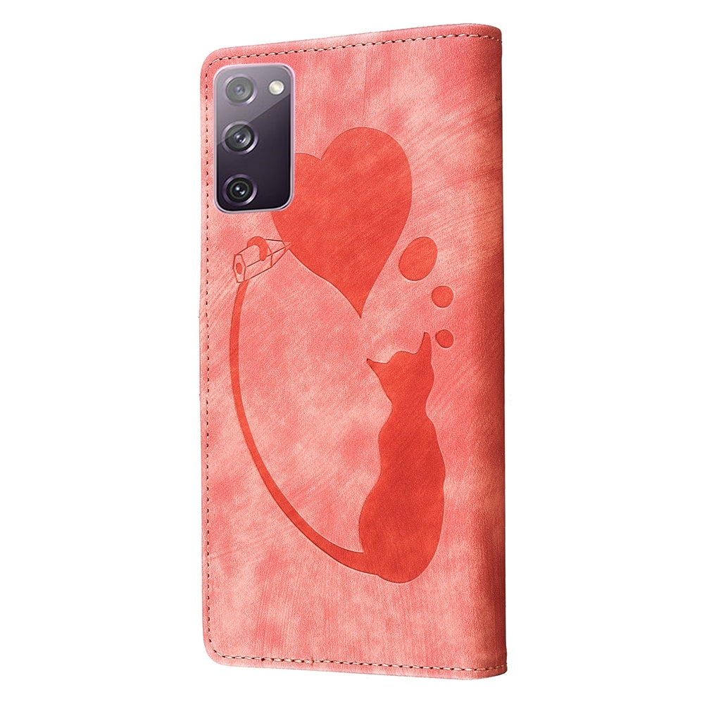 Samsung Galaxy S20 FE 5G Heart & Cat Embossed Multi-Functional Pen Leather Wallet Phone Case with Stand and Card Slots