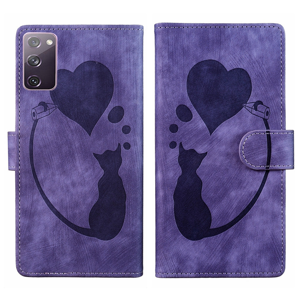 Samsung Galaxy S20 FE 5G Heart & Cat Embossed Multi-Functional Pen Leather Wallet Phone Case with Stand and Card Slots