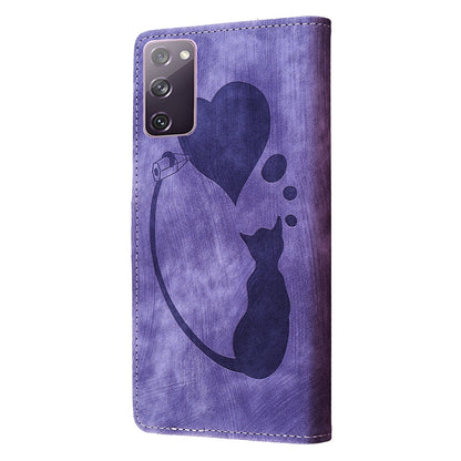 Samsung Galaxy S20 FE 5G Heart & Cat Embossed Multi-Functional Pen Leather Wallet Phone Case with Stand and Card Slots