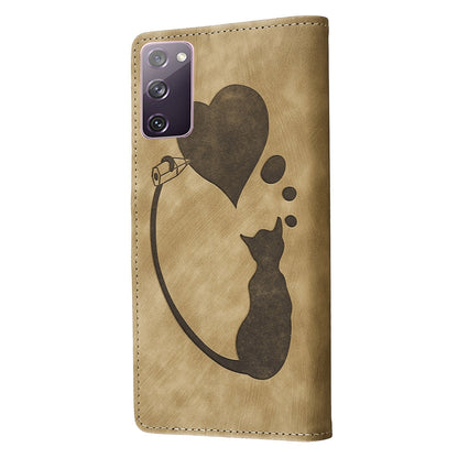 Samsung Galaxy S20 FE 5G Heart & Cat Embossed Multi-Functional Pen Leather Wallet Phone Case with Stand and Card Slots