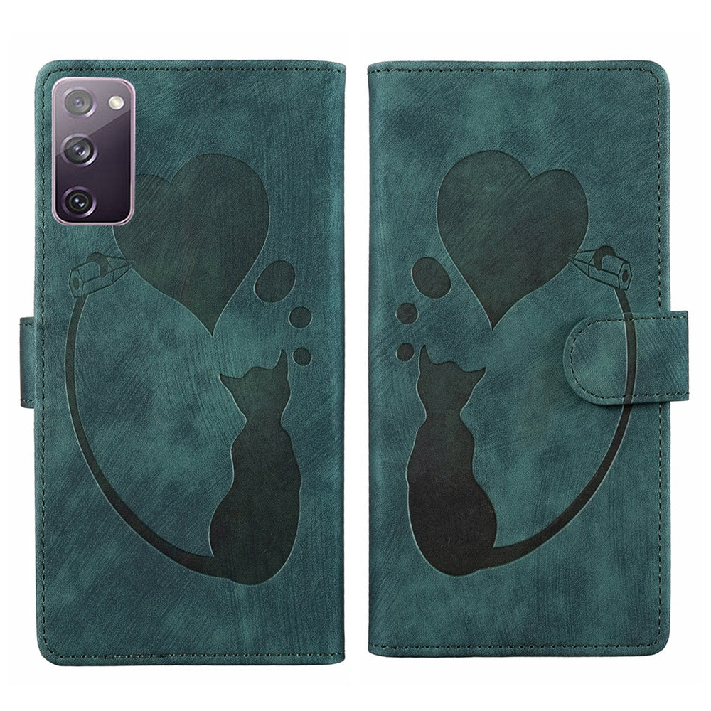 Samsung Galaxy S20 FE 5G Heart & Cat Embossed Multi-Functional Pen Leather Wallet Phone Case with Stand and Card Slots