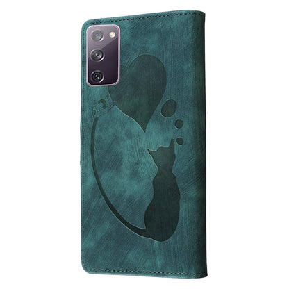 Samsung Galaxy S20 FE 5G Heart & Cat Embossed Multi-Functional Pen Leather Wallet Phone Case with Stand and Card Slots