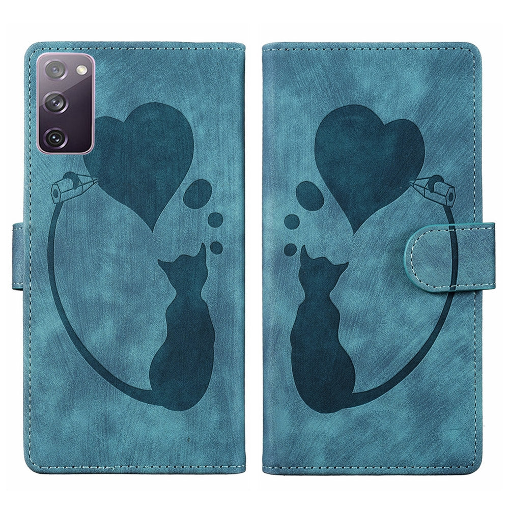 Samsung Galaxy S20 FE 5G Heart & Cat Embossed Multi-Functional Pen Leather Wallet Phone Case with Stand and Card Slots