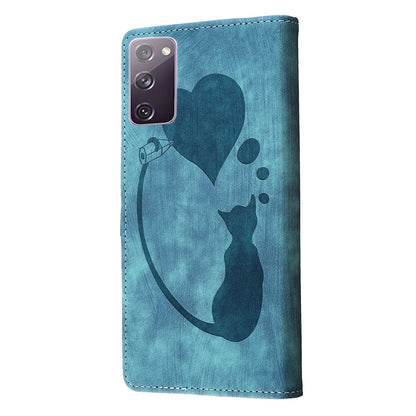 Samsung Galaxy S20 FE 5G Heart & Cat Embossed Multi-Functional Pen Leather Wallet Phone Case with Stand and Card Slots