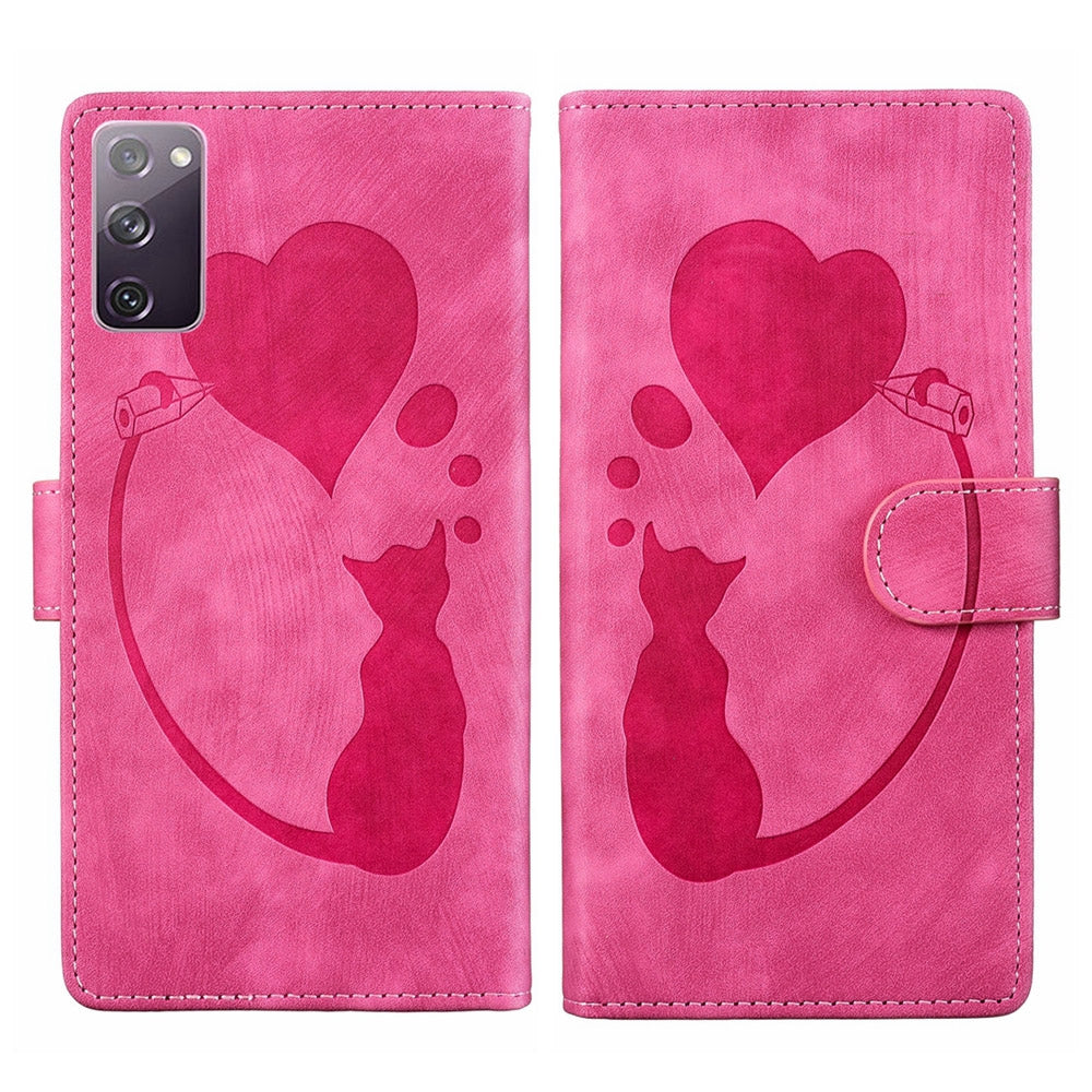 Samsung Galaxy S20 FE 5G Heart & Cat Embossed Multi-Functional Pen Leather Wallet Phone Case with Stand and Card Slots