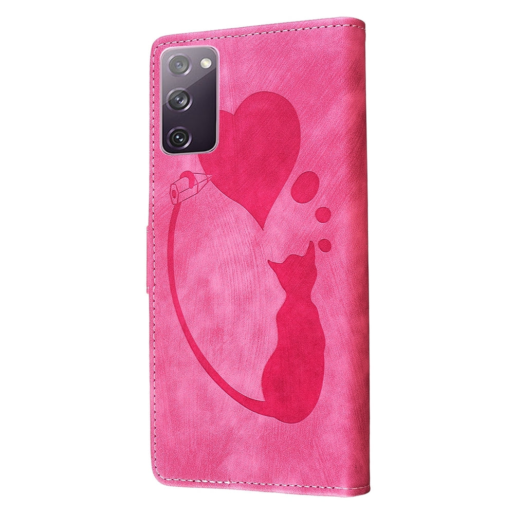 Samsung Galaxy S20 FE 5G Heart & Cat Embossed Multi-Functional Pen Leather Wallet Phone Case with Stand and Card Slots