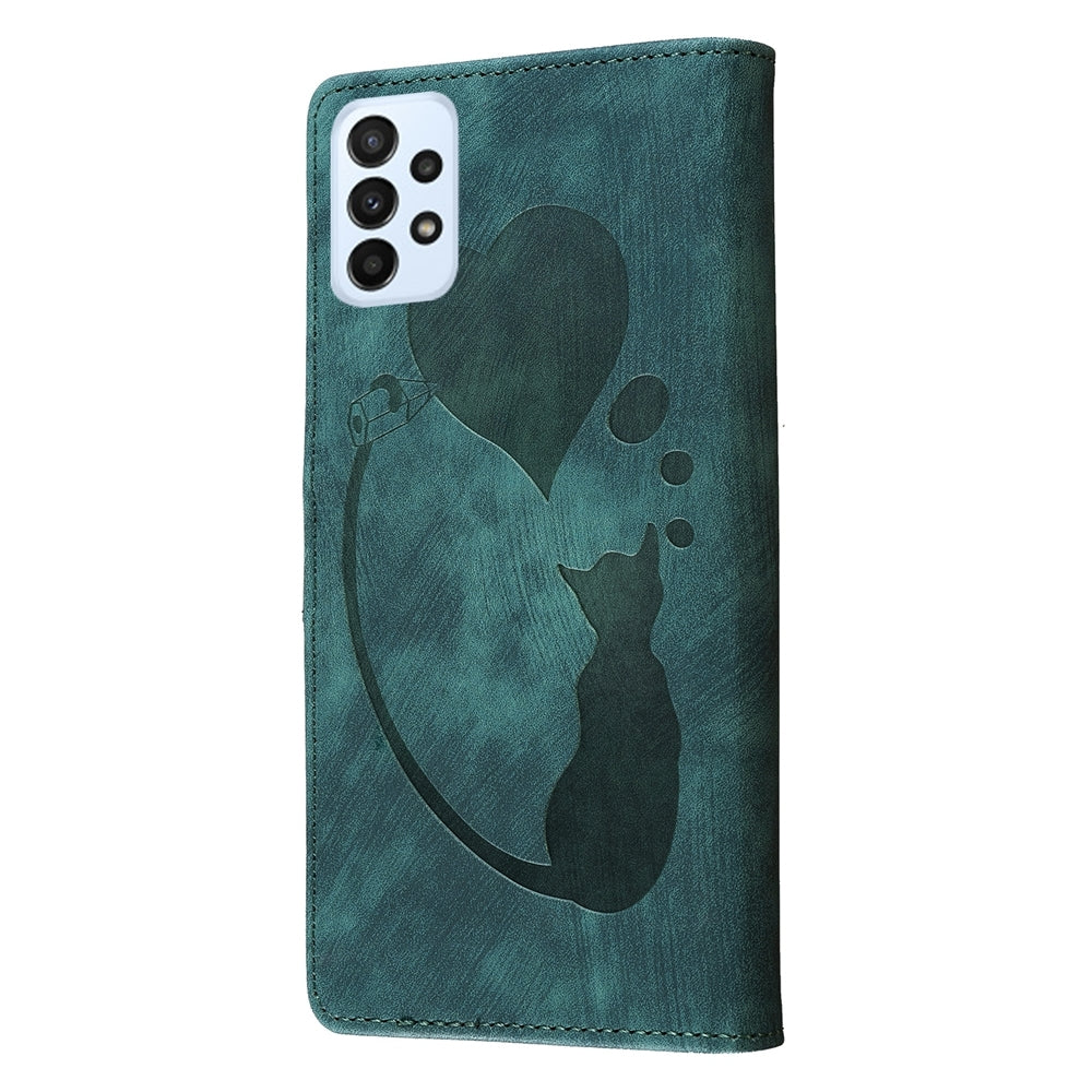 Samsung Galaxy A53 5G Heart & Cat Embossed Multi-Functional Pen Leather Wallet Phone Case with Stand and Card Slots