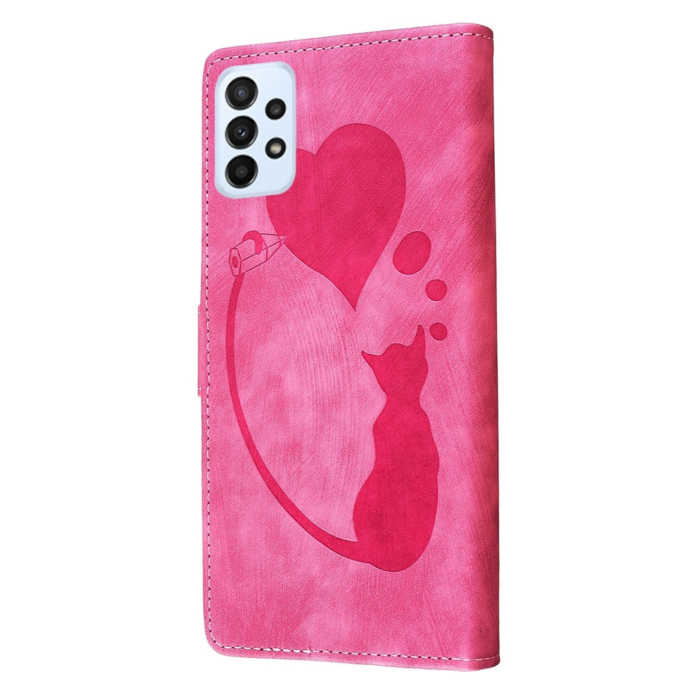 Samsung Galaxy A53 5G Heart & Cat Embossed Multi-Functional Pen Leather Wallet Phone Case with Stand and Card Slots