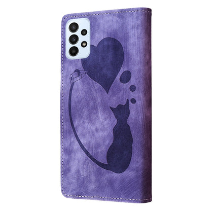 Samsung Galaxy A52 5G Heart & Cat Embossed Multi-Functional Pen Leather Wallet Phone Case with Stand and Card Slots