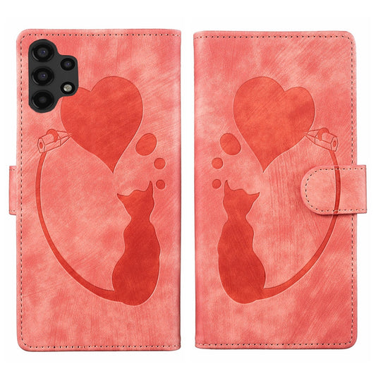 Samsung Galaxy A32 5G Heart & Cat Embossed Multi-Functional Pen Leather Wallet Phone Case with Stand and Card Slots