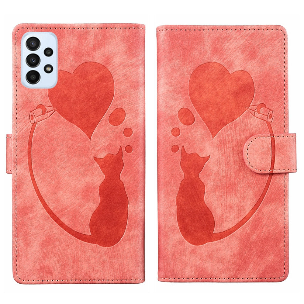 Samsung Galaxy A23 5G Heart & Cat Embossed Multi-Functional Pen Leather Wallet Phone Case with Stand and Card Slots