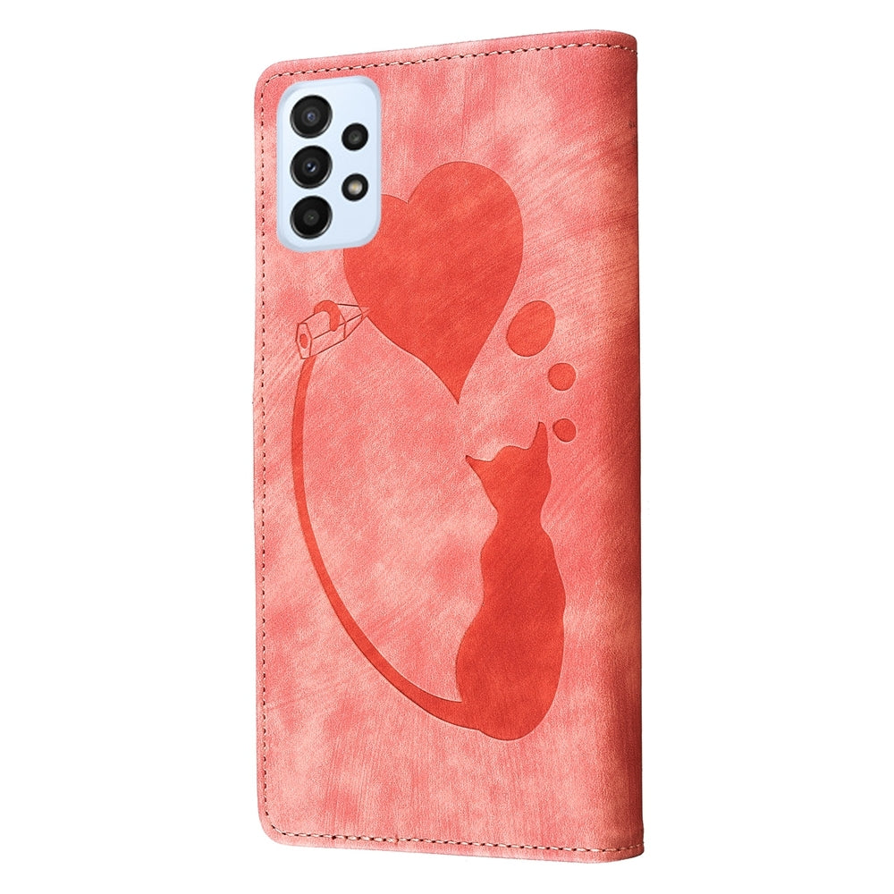Samsung Galaxy A23 5G Heart & Cat Embossed Multi-Functional Pen Leather Wallet Phone Case with Stand and Card Slots