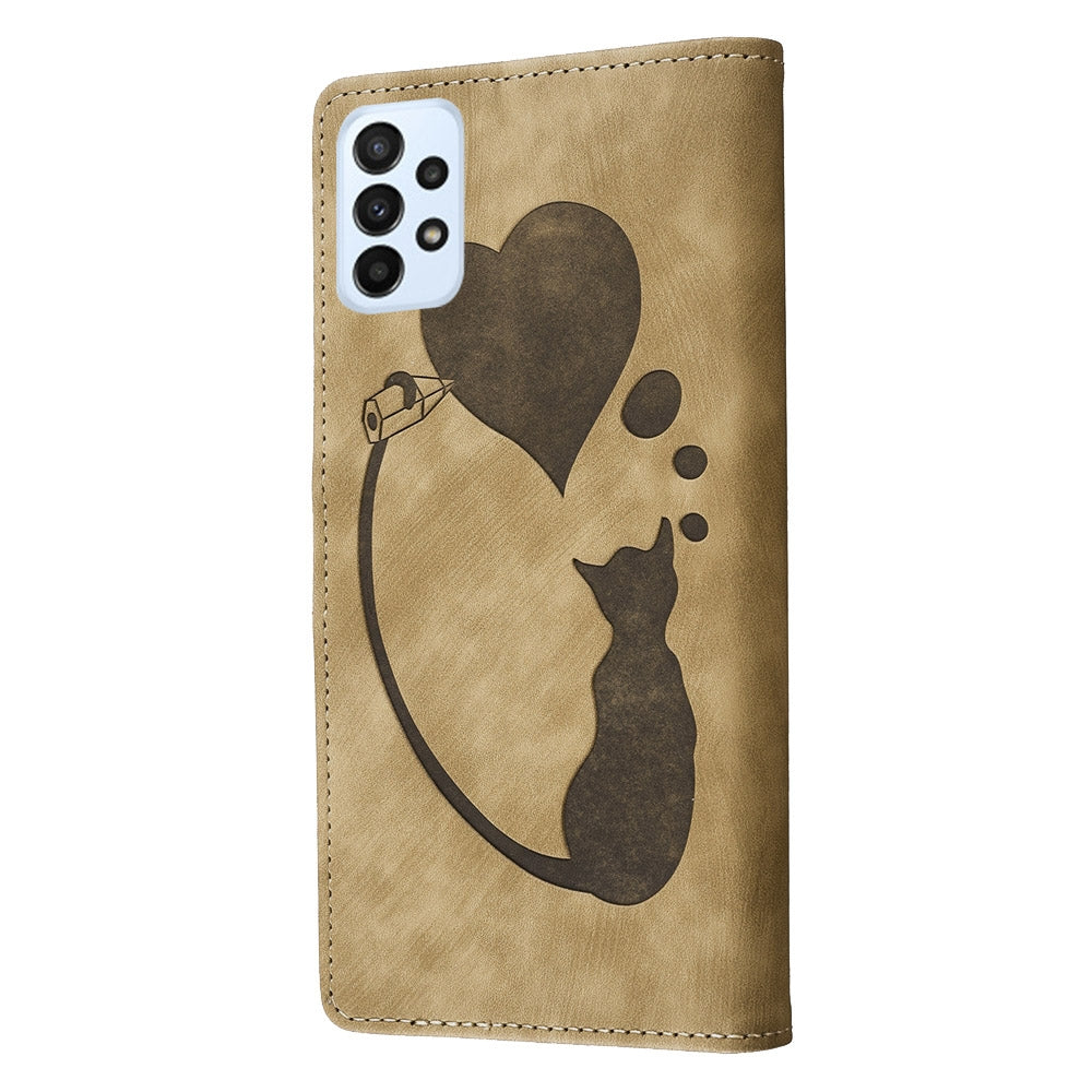 Samsung Galaxy A23 5G Heart & Cat Embossed Multi-Functional Pen Leather Wallet Phone Case with Stand and Card Slots