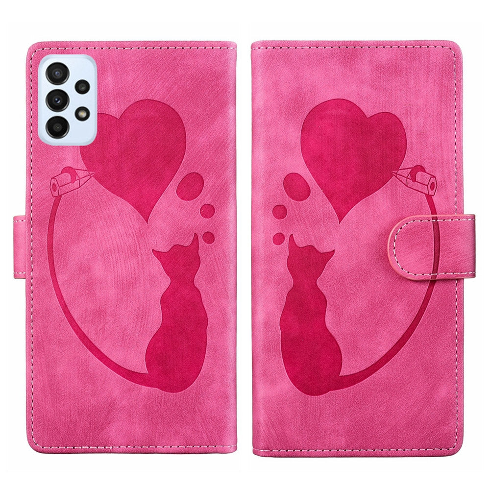 Samsung Galaxy A23 5G Heart & Cat Embossed Multi-Functional Pen Leather Wallet Phone Case with Stand and Card Slots