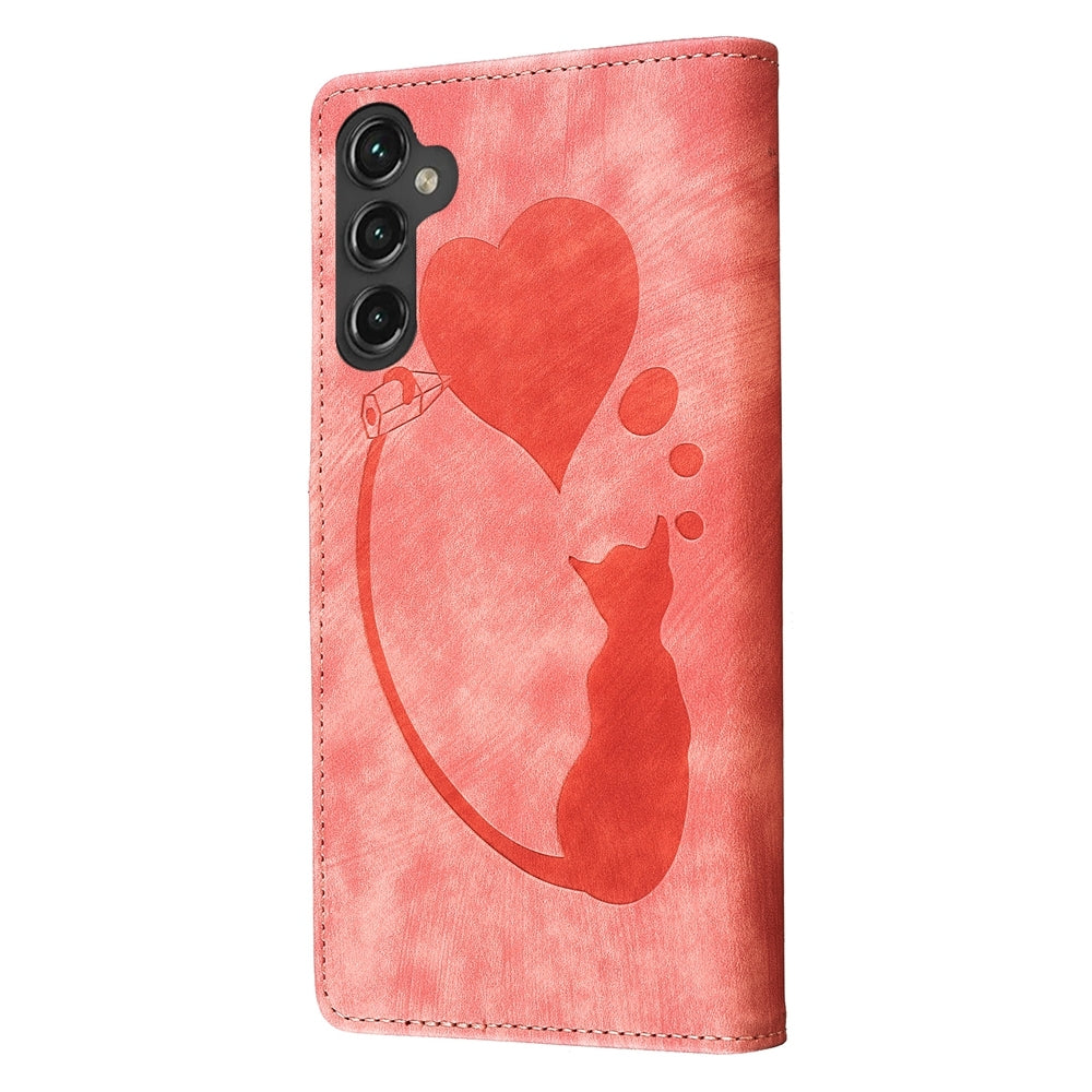 Samsung Galaxy A15 5G Heart & Cat Embossed Multi-Functional Pen Leather Wallet Phone Case with Stand and Card Slots