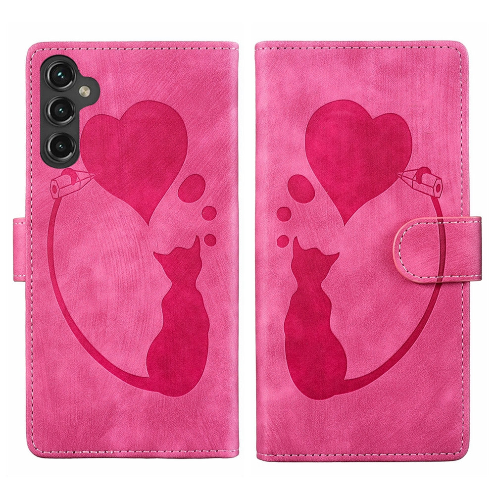 Samsung Galaxy A15 5G Heart & Cat Embossed Multi-Functional Pen Leather Wallet Phone Case with Stand and Card Slots