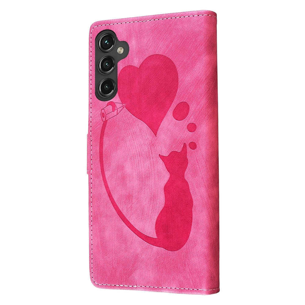 Samsung Galaxy A14 5G Heart & Cat Embossed Multi-Functional Pen Leather Wallet Phone Case with Stand and Card Slots