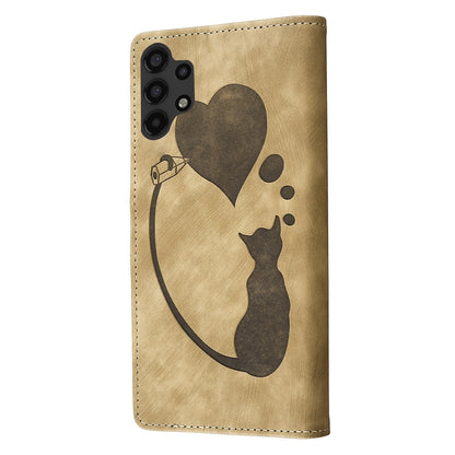 Samsung Galaxy A13 5G Heart & Cat Embossed Multi-Functional Pen Leather Wallet Phone Case with Stand and Card Slots