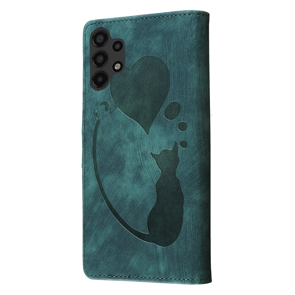 Samsung Galaxy A13 5G Heart & Cat Embossed Multi-Functional Pen Leather Wallet Phone Case with Stand and Card Slots
