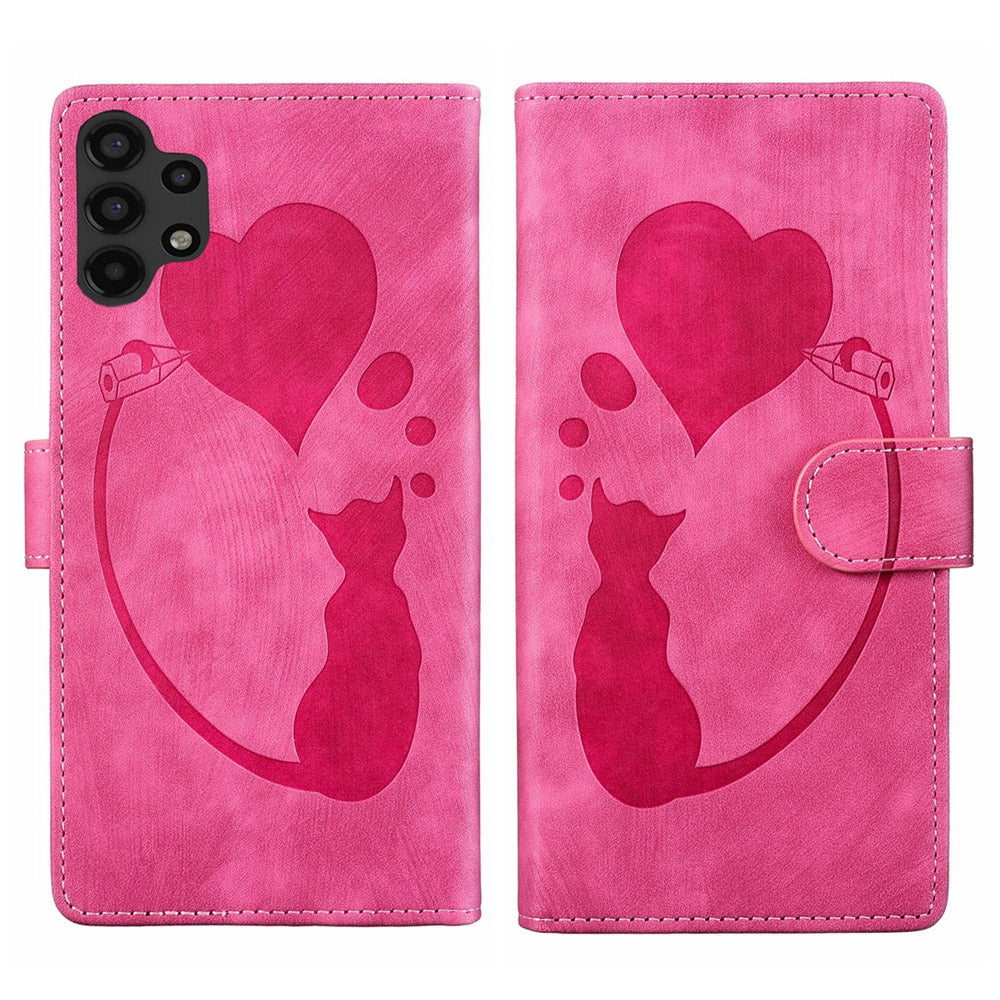 Samsung Galaxy A13 5G Heart & Cat Embossed Multi-Functional Pen Leather Wallet Phone Case with Stand and Card Slots