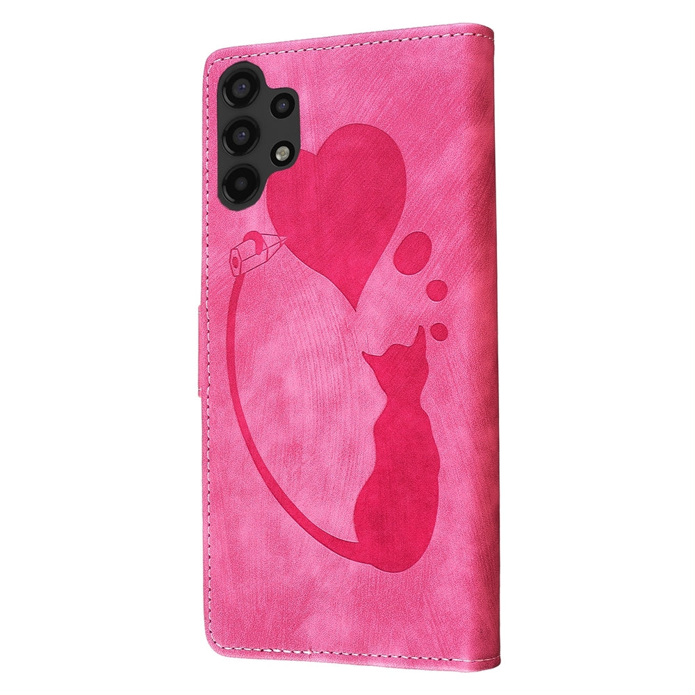 Samsung Galaxy A13 5G Heart & Cat Embossed Multi-Functional Pen Leather Wallet Phone Case with Stand and Card Slots