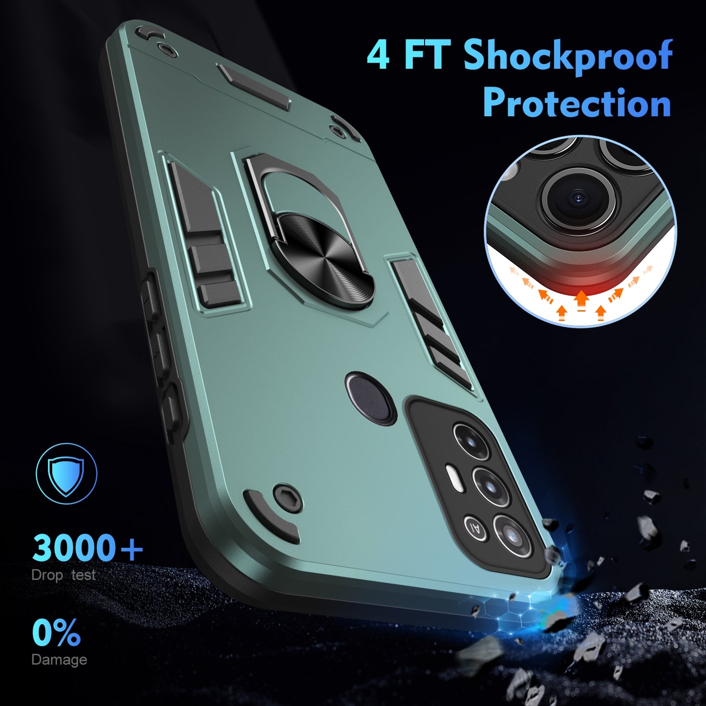 Shockproof ZTE Blade A52 Phone Case with 360° Rotatable Metal Ring Holder, Magnetic Car Mount Stand, Ultra-Thin PC & Silicone Protection Cover