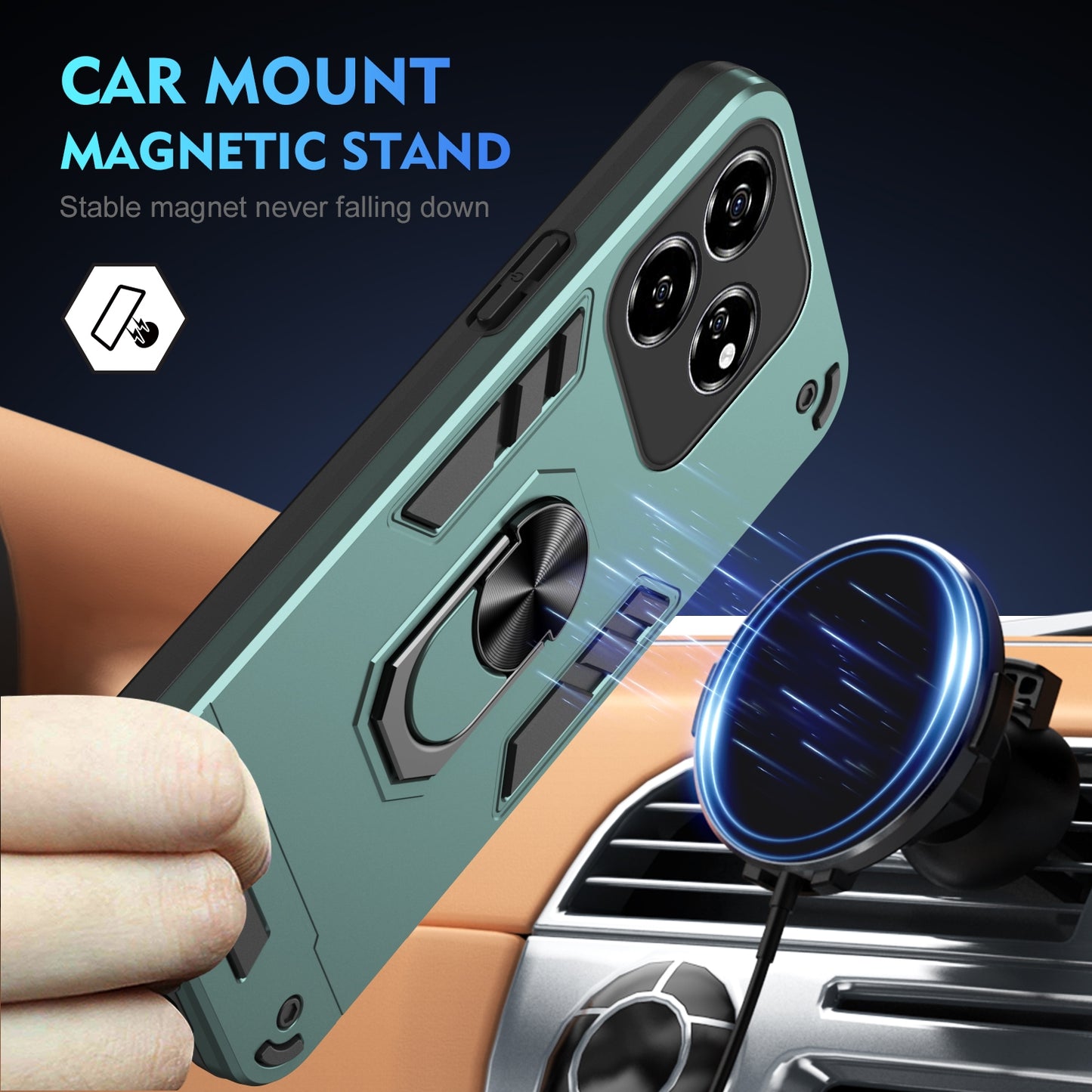 Shockproof ZTE Axon 60 Lite Phone Case with 360° Rotatable Metal Ring Holder, Magnetic Car Mount Stand, Ultra-Thin PC & Silicone Protection Cover