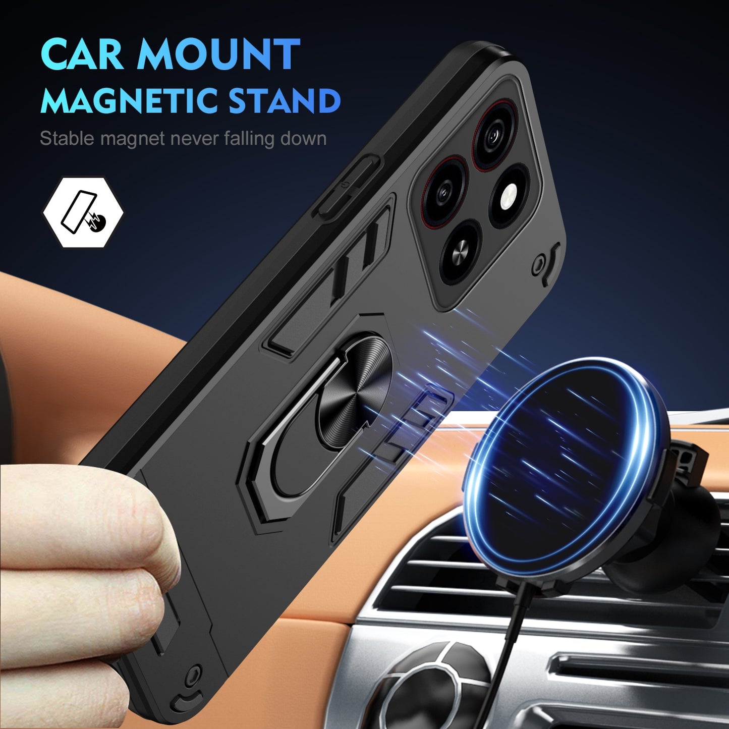 Shockproof ZTE Blade A35 / A55 Phone Case with 360° Rotatable Metal Ring Holder, Magnetic Car Mount Stand, Ultra-Thin PC & Silicone Protection Cover