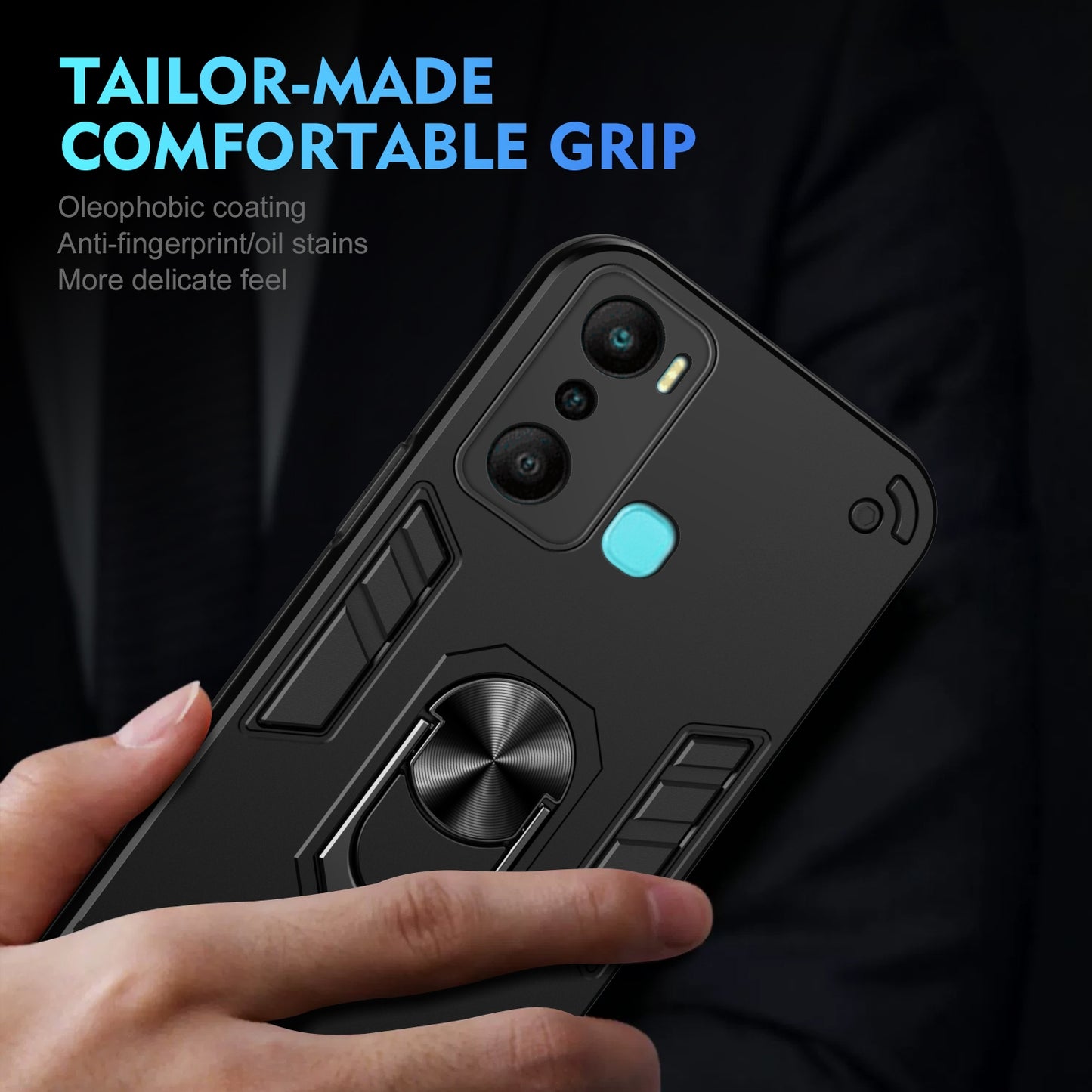 Shockproof Infinix Hot 20i Phone Case with 360° Rotatable Metal Ring Holder, Magnetic Car Mount Stand, Ultra-Thin PC & Silicone Protection Cover