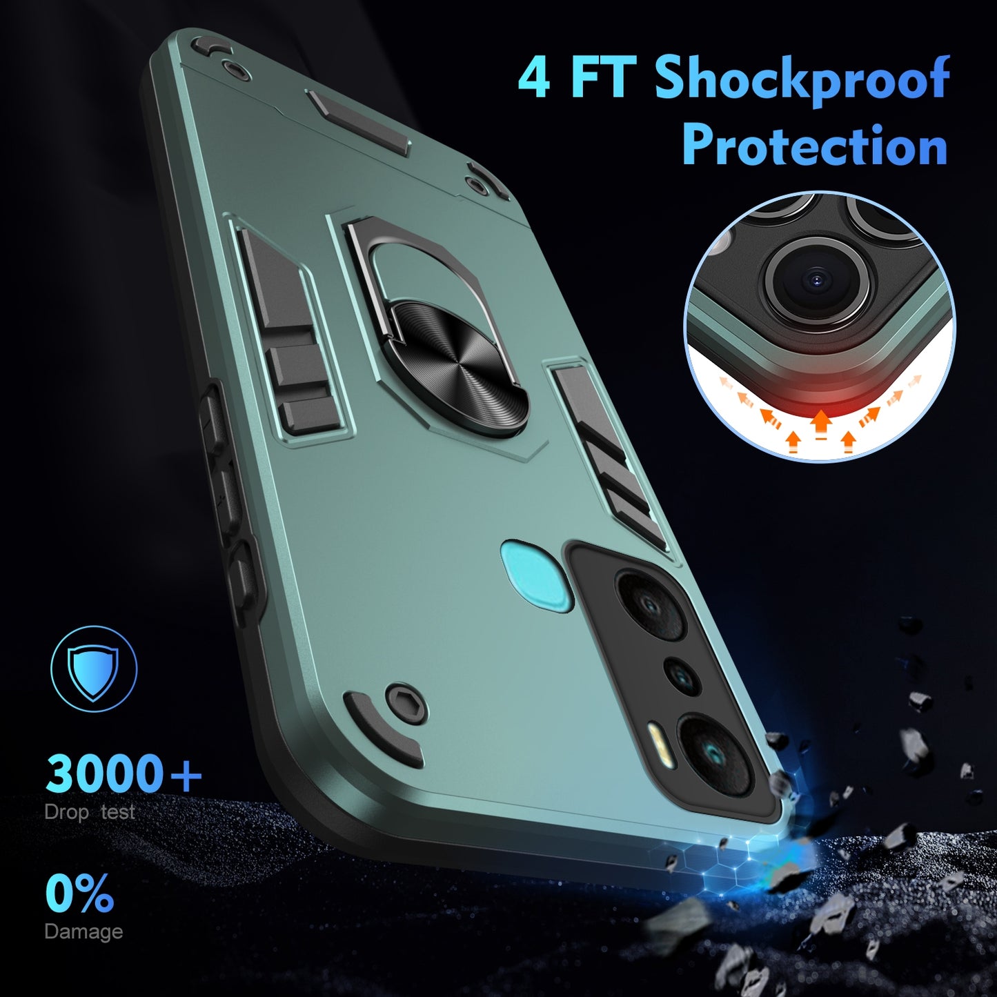 Shockproof Infinix Hot 20i Phone Case with 360° Rotatable Metal Ring Holder, Magnetic Car Mount Stand, Ultra-Thin PC & Silicone Protection Cover