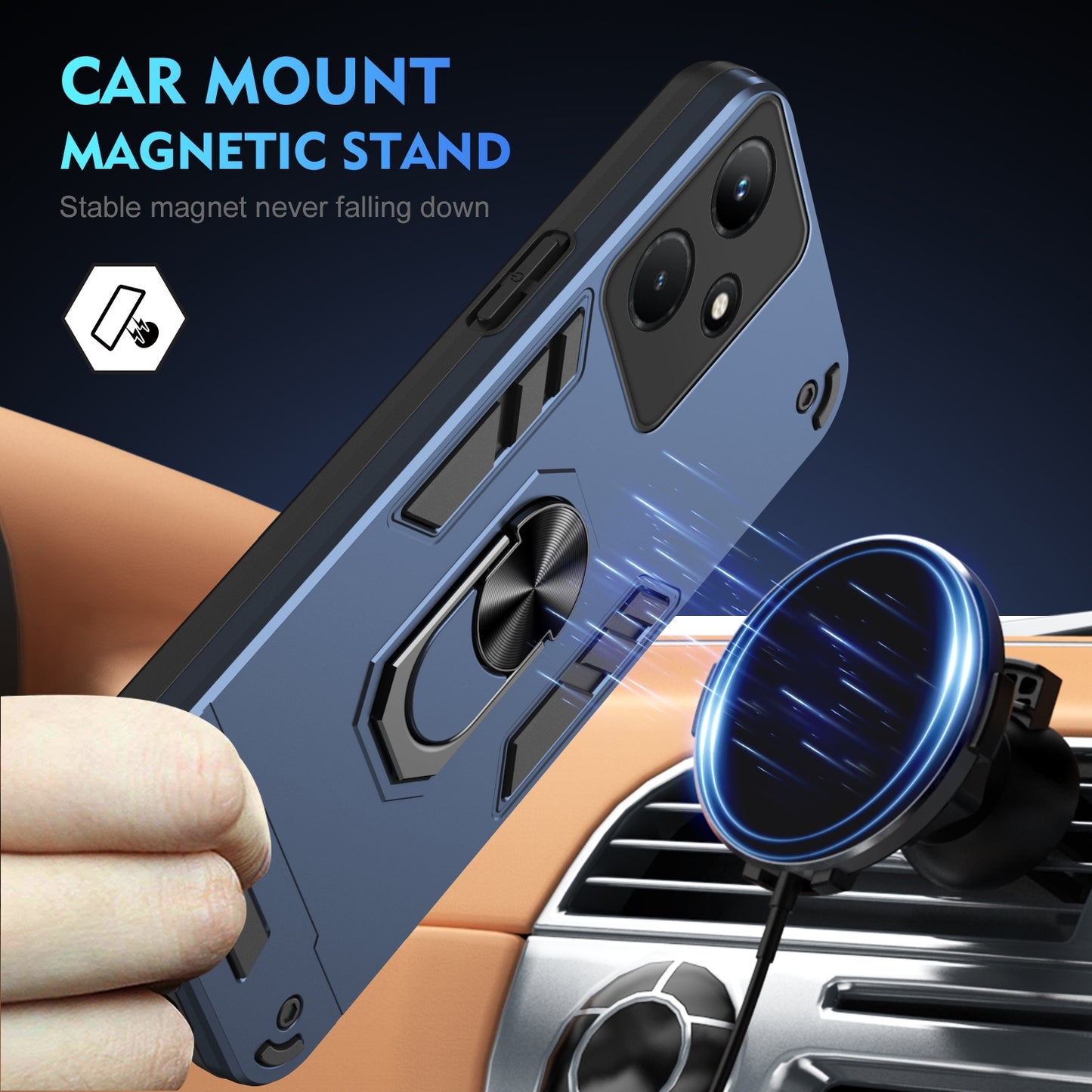 Shockproof Infinix Hot 30i Phone Case with 360° Rotatable Metal Ring Holder, Magnetic Car Mount Stand, Ultra-Thin PC & Silicone Protection Cover