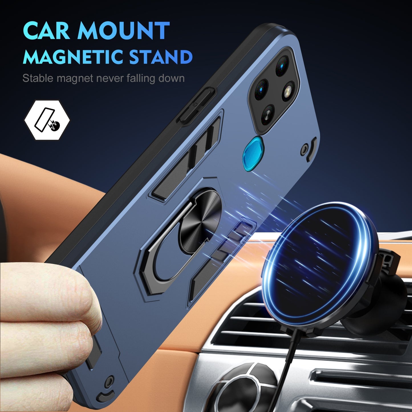 Shockproof Infinix Smart 6 Phone Case with 360° Rotatable Metal Ring Holder, Magnetic Car Mount Stand, Ultra-Thin PC & Silicone Protection Cover