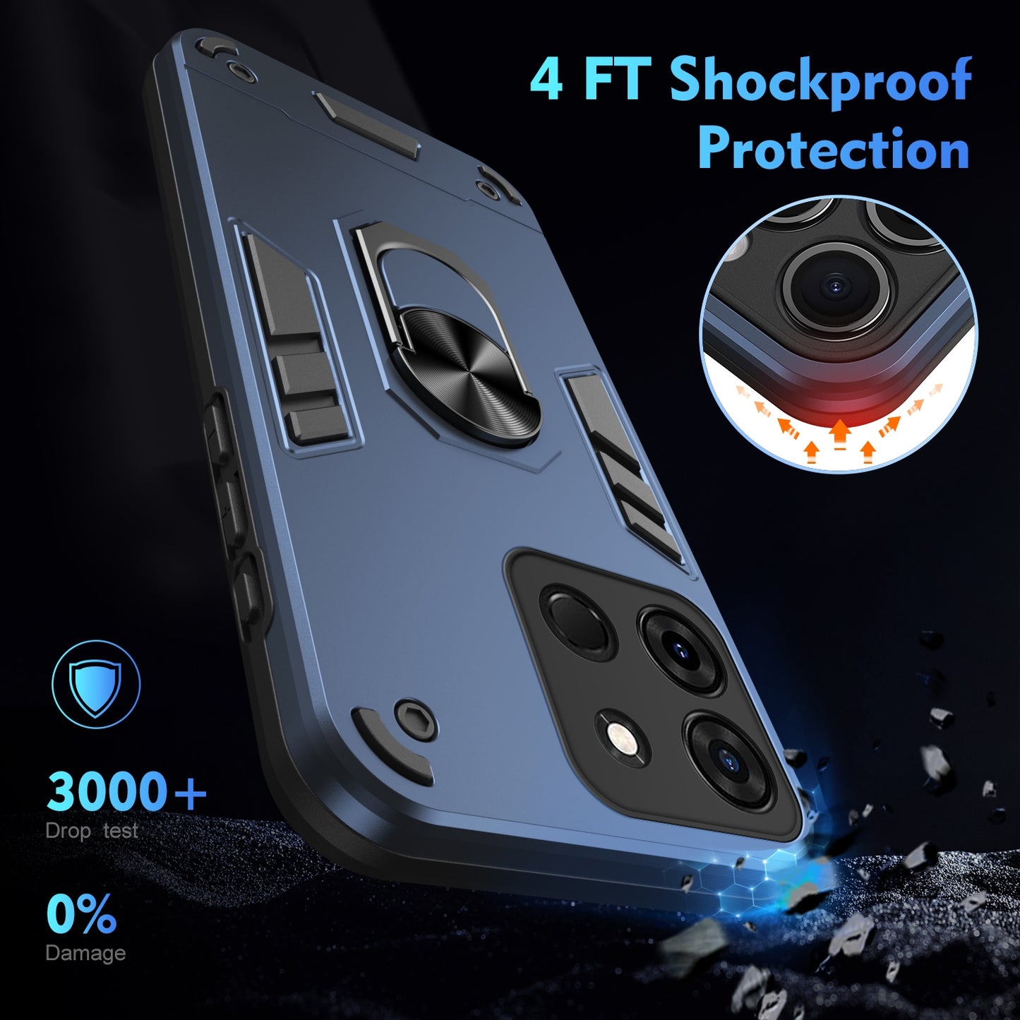 Shockproof Infinix Smart 7 Phone Case with 360° Rotatable Metal Ring Holder, Magnetic Car Mount Stand, Ultra-Thin PC & Silicone Protection Cover