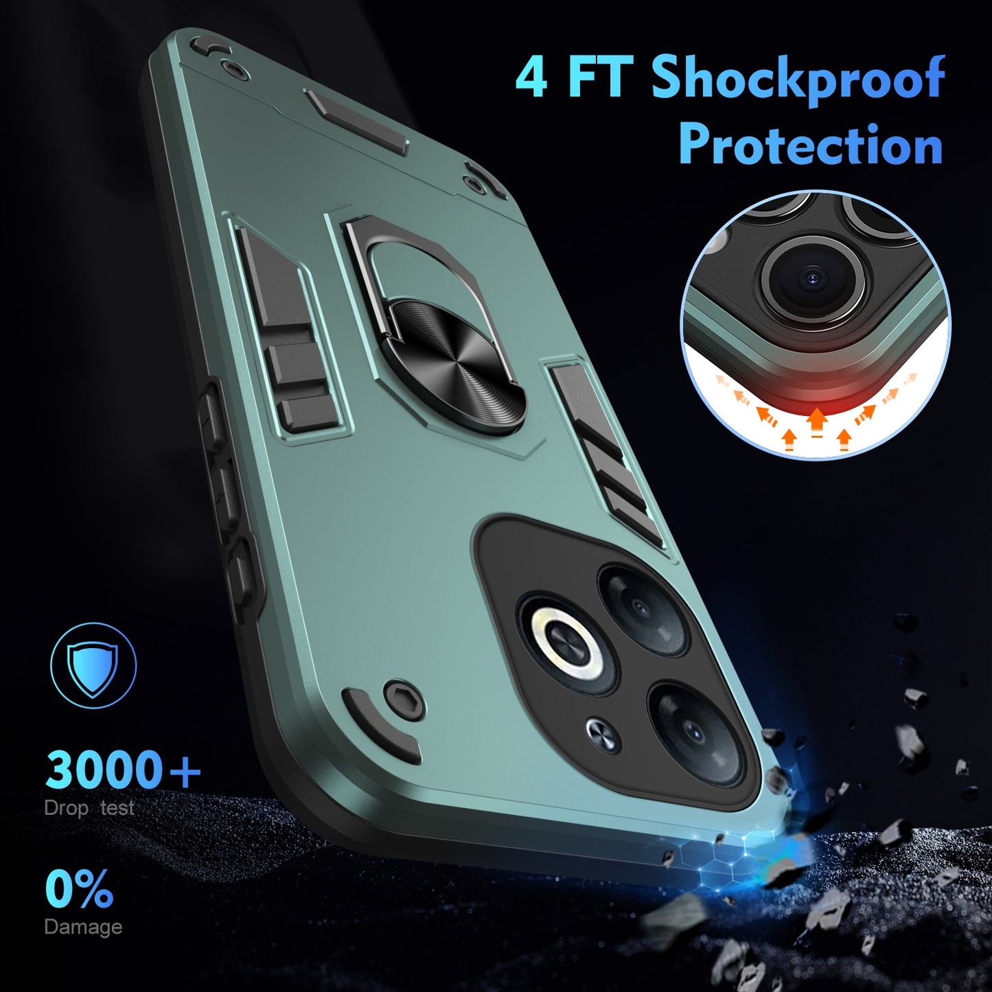 Shockproof Infinix Smart 8 Phone Case with 360° Rotatable Metal Ring Holder, Magnetic Car Mount Stand, Ultra-Thin PC & Silicone Protection Cover