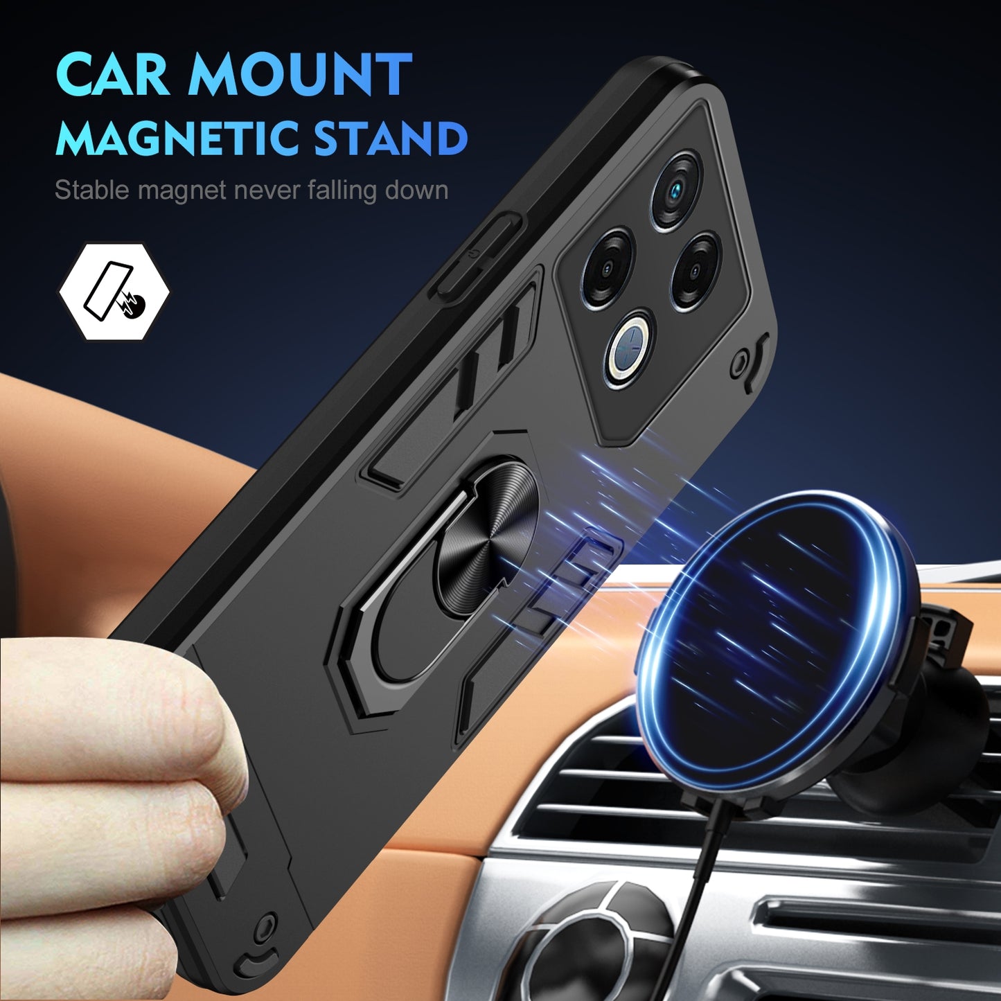 Shockproof Infinix GT 20 Pro Phone Case with 360° Rotatable Metal Ring Holder, Magnetic Car Mount Stand, Ultra-Thin PC & Silicone Protection Cover