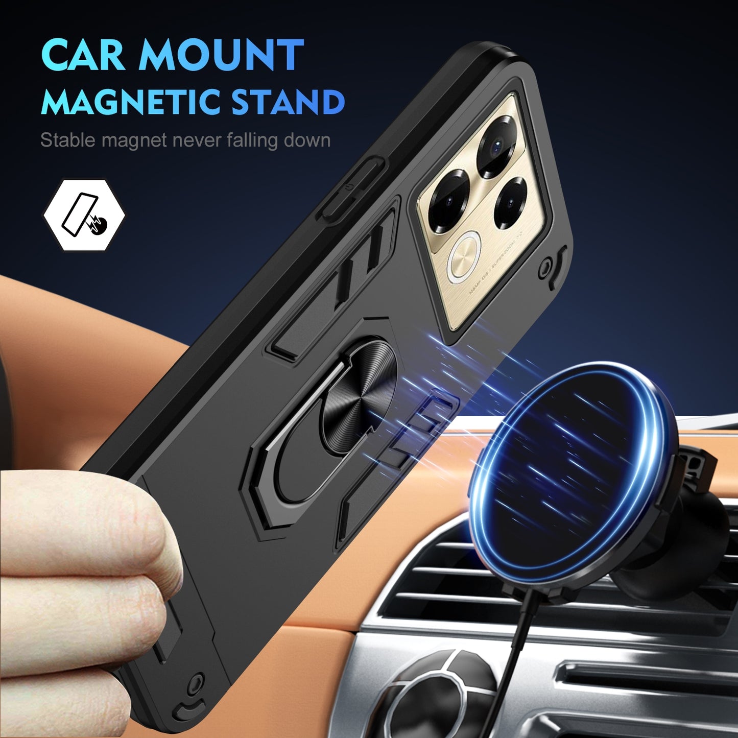 Shockproof Infinix Note 40 Pro 4G Phone Case with 360° Rotatable Metal Ring Holder, Magnetic Car Mount Stand, Ultra-Thin PC & Silicone Protection Cover