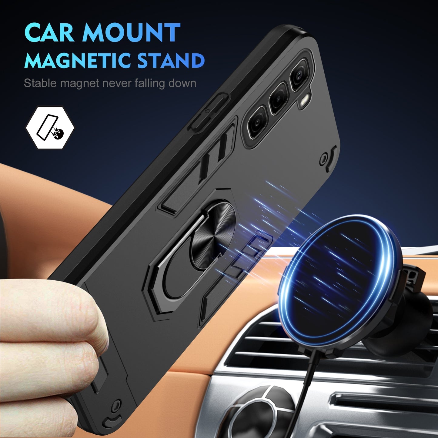 Shockproof Infinix Hot 50 4G Phone Case with 360° Rotatable Metal Ring Holder, Magnetic Car Mount Stand, Ultra-Thin PC & Silicone Protection Cover