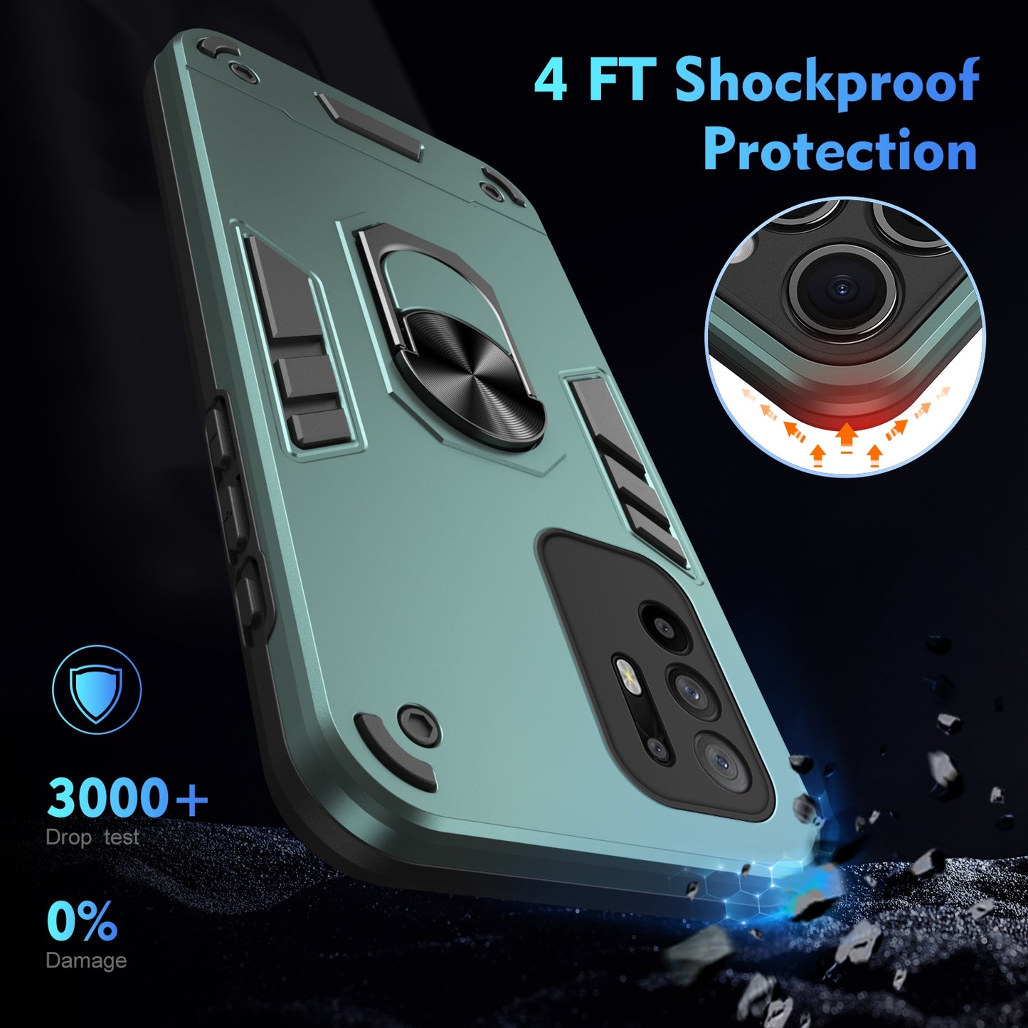 Shockproof OPPO F19 Pro+ Phone Case with 360° Rotatable Metal Ring Holder, Magnetic Car Mount Stand, Ultra-Thin PC & Silicone Protection Cover
