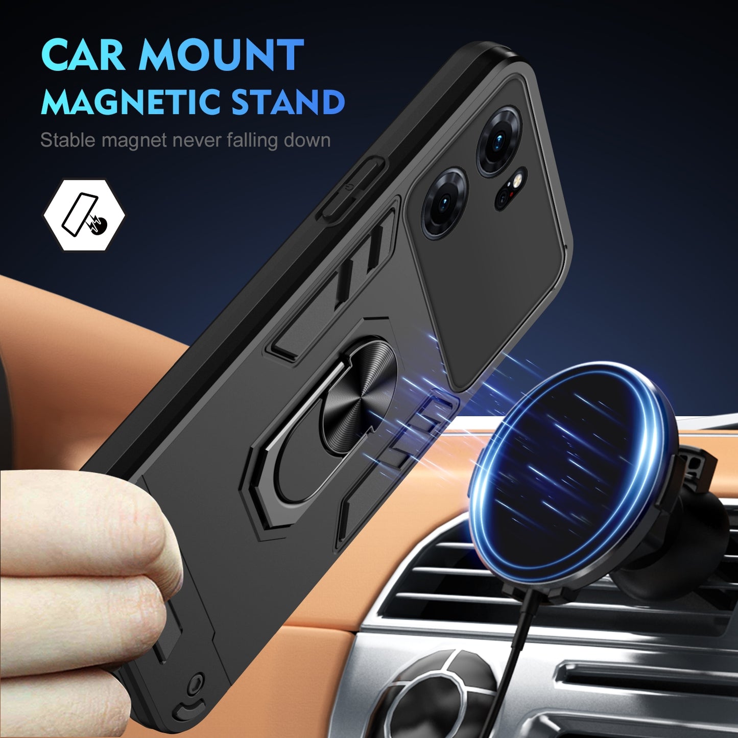 Shockproof OPPO K10 Phone Case with 360° Rotatable Metal Ring Holder, Magnetic Car Mount Stand, Ultra-Thin PC & Silicone Protection Cover