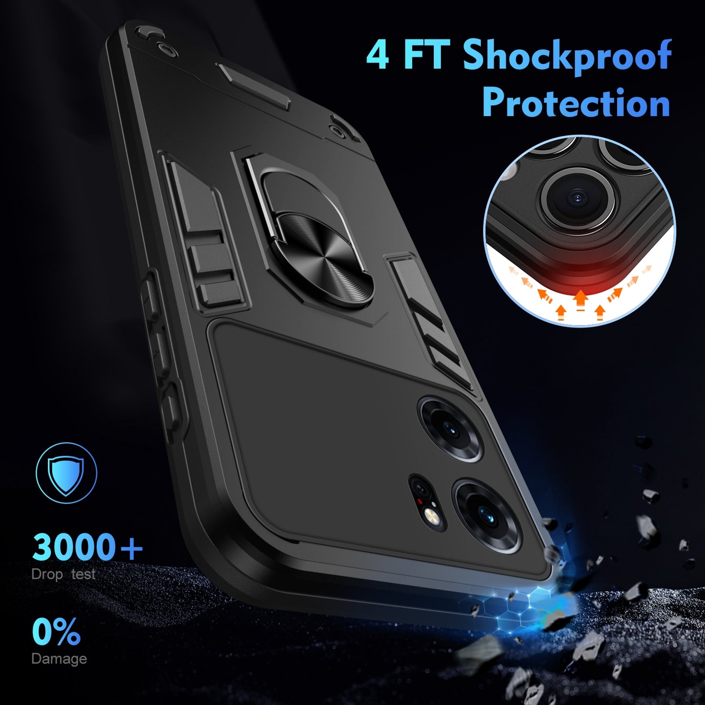 Shockproof OPPO K10 Phone Case with 360° Rotatable Metal Ring Holder, Magnetic Car Mount Stand, Ultra-Thin PC & Silicone Protection Cover