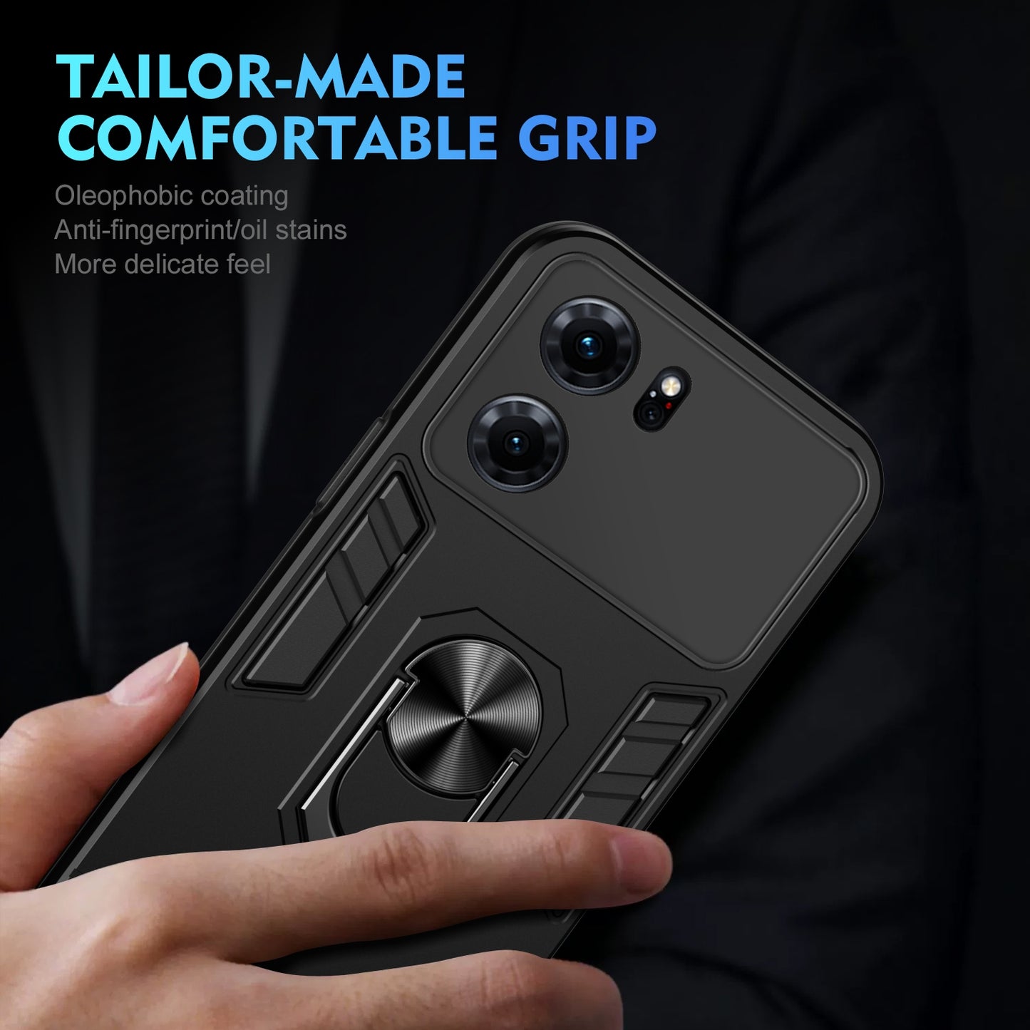 Shockproof OPPO K10 Phone Case with 360° Rotatable Metal Ring Holder, Magnetic Car Mount Stand, Ultra-Thin PC & Silicone Protection Cover