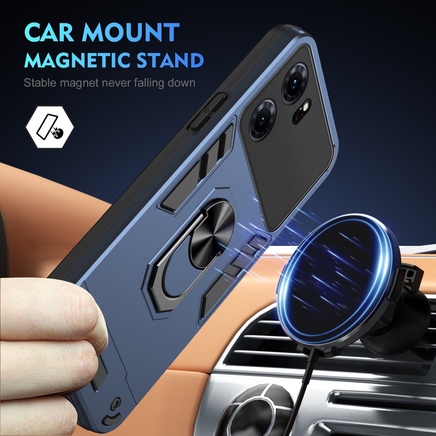 Shockproof OPPO K10 Phone Case with 360° Rotatable Metal Ring Holder, Magnetic Car Mount Stand, Ultra-Thin PC & Silicone Protection Cover