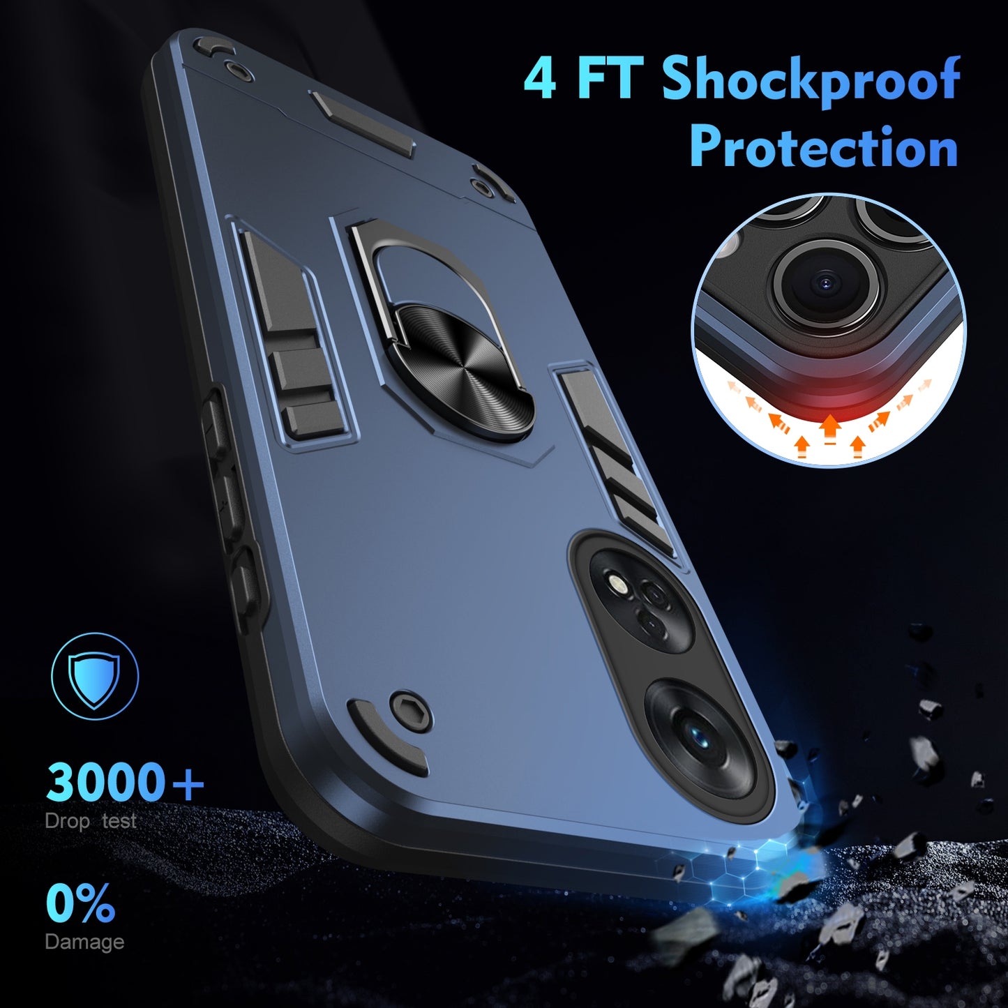Shockproof OPPO Reno8 T 4G Phone Case with 360° Rotatable Metal Ring Holder, Magnetic Car Mount Stand, Ultra-Thin PC & Silicone Protection Cover