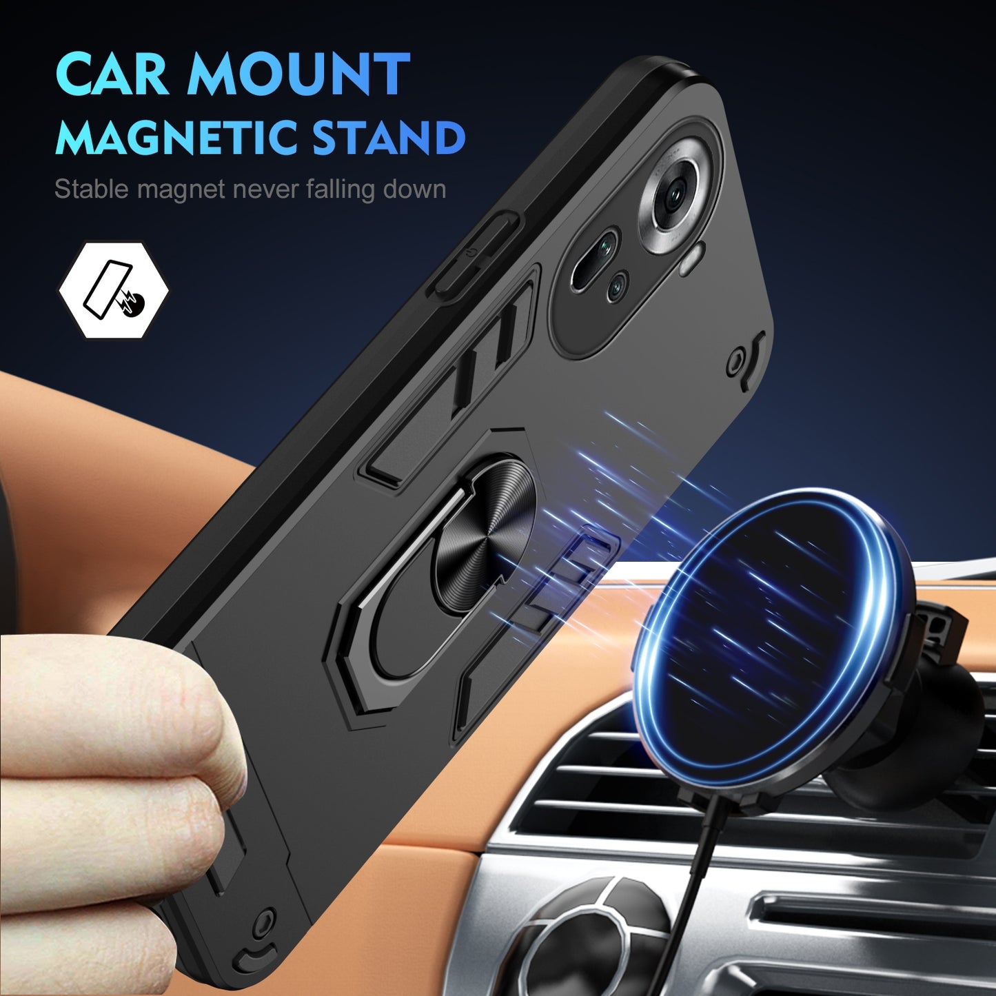 Shockproof OPPO Reno11 Global Phone Case with 360° Rotatable Metal Ring Holder, Magnetic Car Mount Stand, Ultra-Thin PC & Silicone Protection Cover