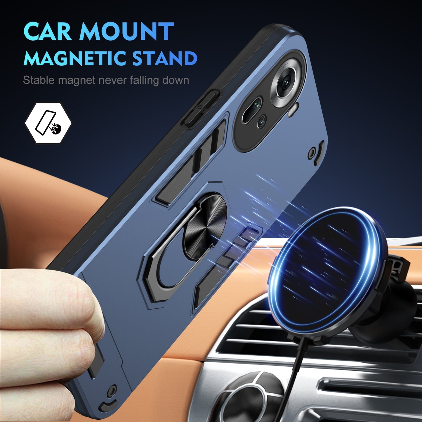 Shockproof OPPO Reno11 Global Phone Case with 360° Rotatable Metal Ring Holder, Magnetic Car Mount Stand, Ultra-Thin PC & Silicone Protection Cover