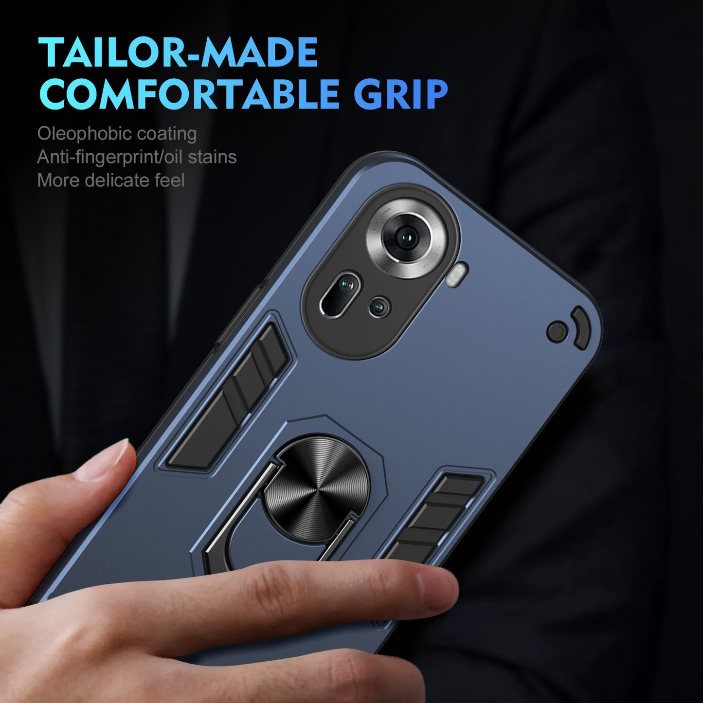 Shockproof OPPO Reno11 Global Phone Case with 360° Rotatable Metal Ring Holder, Magnetic Car Mount Stand, Ultra-Thin PC & Silicone Protection Cover