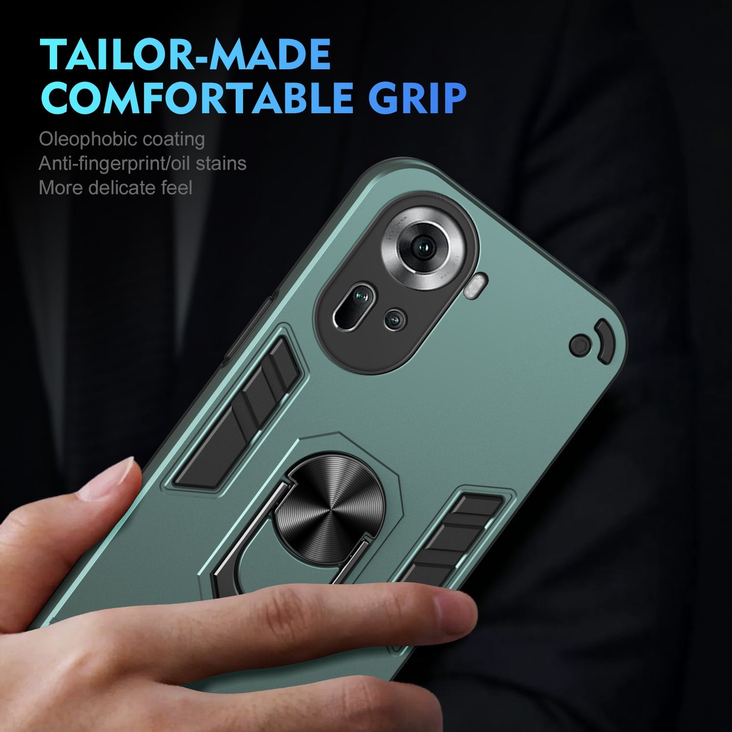 Shockproof OPPO Reno11 Global Phone Case with 360° Rotatable Metal Ring Holder, Magnetic Car Mount Stand, Ultra-Thin PC & Silicone Protection Cover