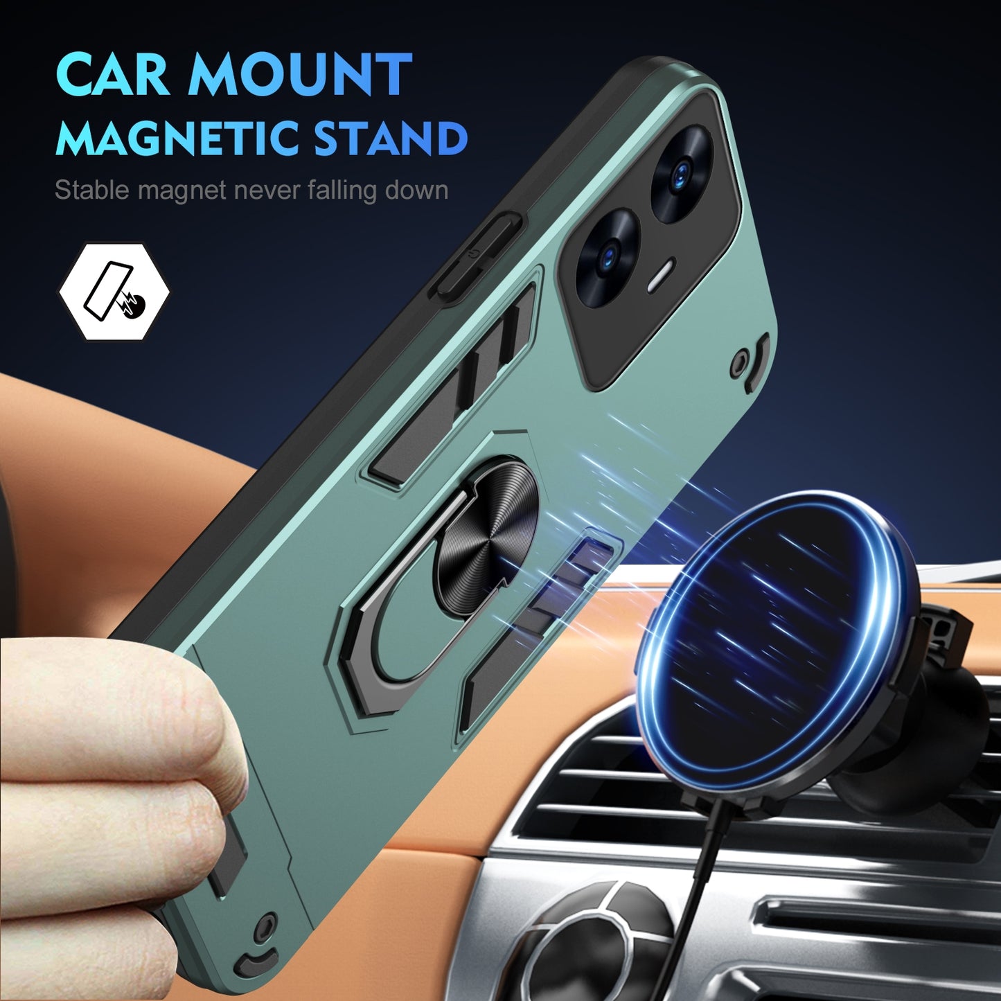 Shockproof Realme C55 Phone Case with 360° Rotatable Metal Ring Holder, Magnetic Car Mount Stand, Ultra-Thin PC & Silicone Protection Cover